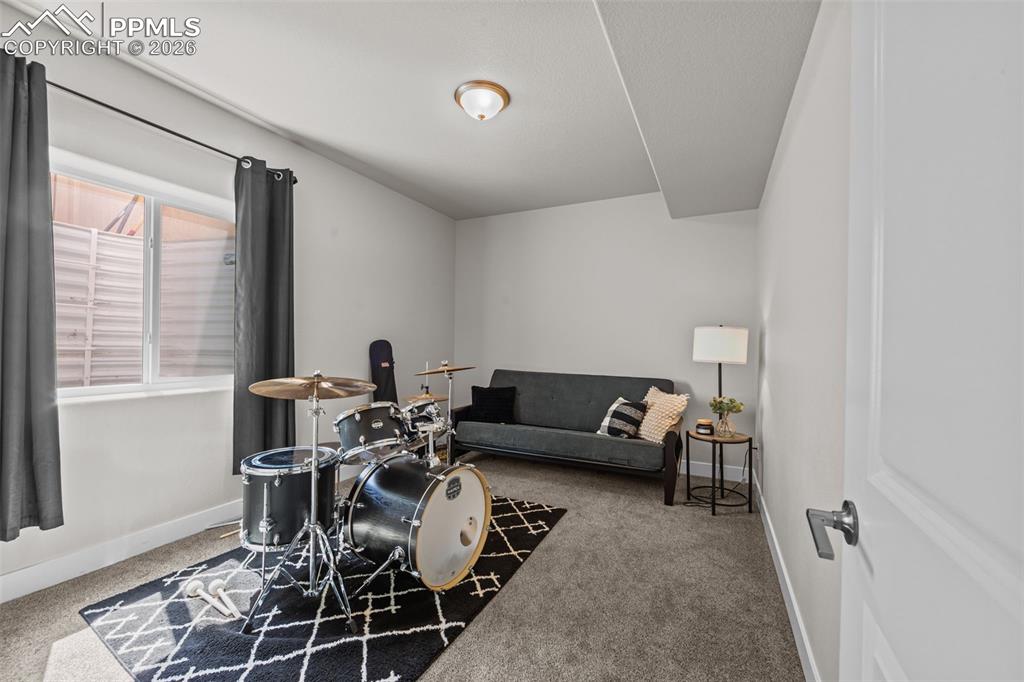 Image 33 of 49: Carpeted room featuring a white door, a window with dark drapes, and a ceil