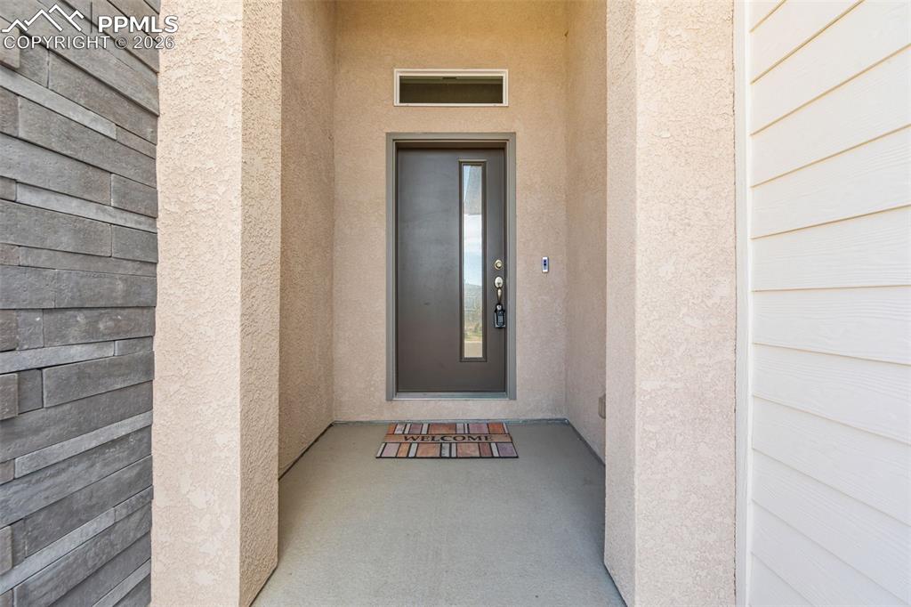 Image 5 of 49: Entryway featuring a dark paneled door with vertical glass insert, stucco s