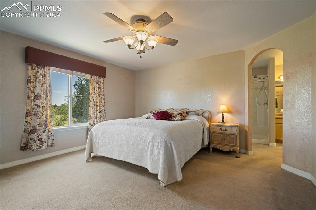 Image 21 of 49: Carpeted bedroom with ceiling fan and ensuite bathroom