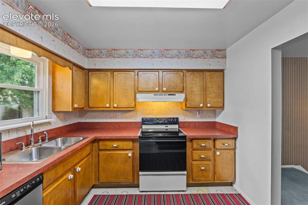 Image 6 of 35: Kitchen featuring wood cabinetry, red countertops, a double basin sink, and