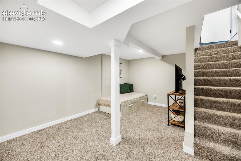 Image 17 of 33: Basement Recreation Room with carpet floorings