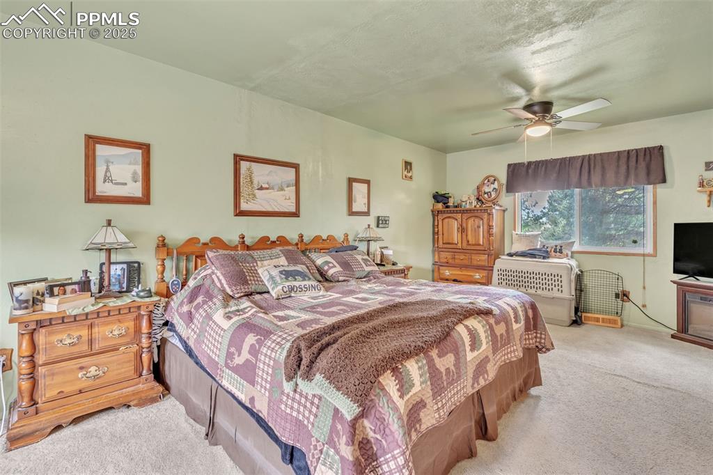 Image 22 of 49: Bedroom with light colored carpet and ceiling fan