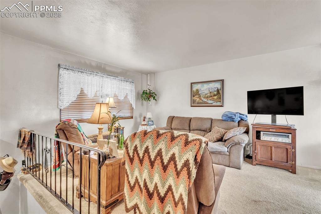 Image 30 of 49: Living area with light carpet and a textured ceiling
