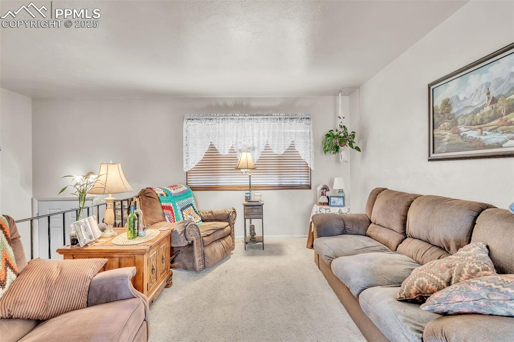 Image 32 of 49: Living room with carpet floors and baseboards