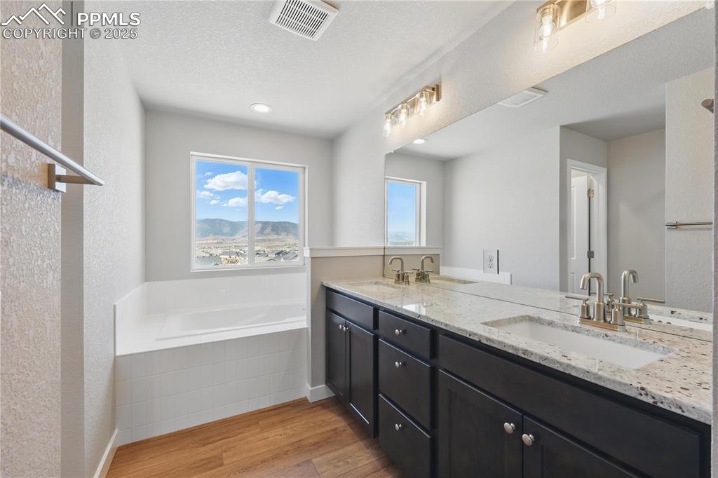 Image 23 of 36: Bathroom with wood finished floors, plenty of natural light, a garden tub,