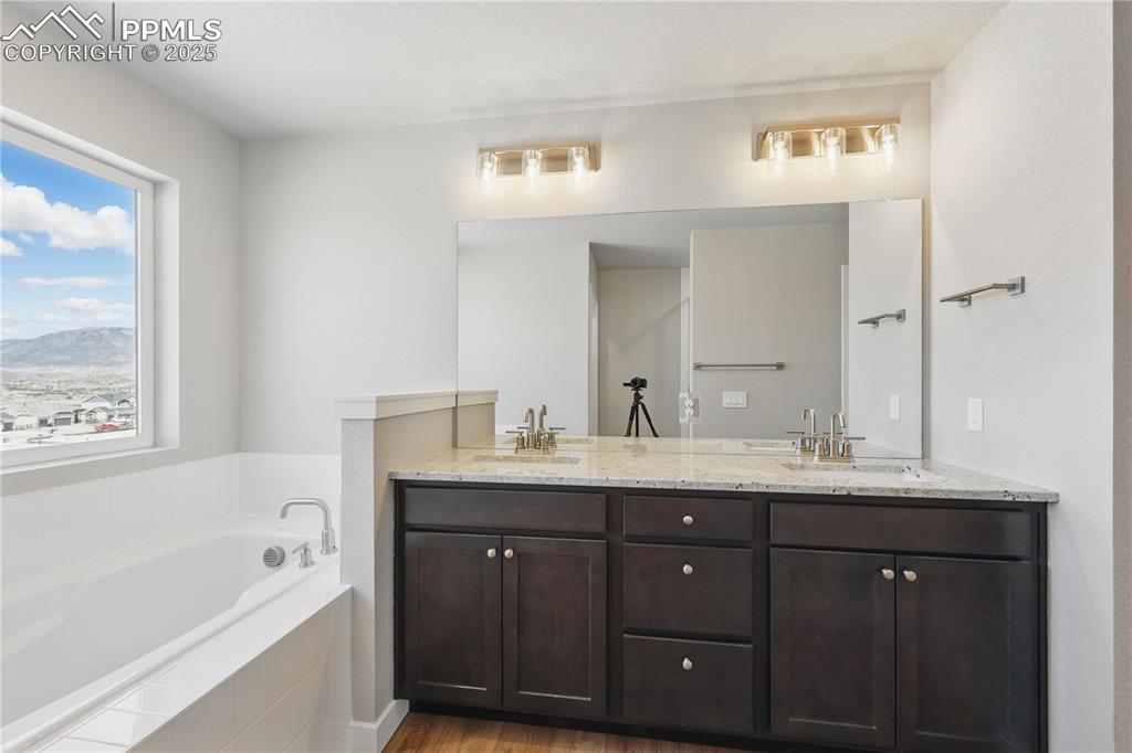 Image 25 of 36: Bathroom with a bath, double vanity, a sink, and a healthy amount of sunlig