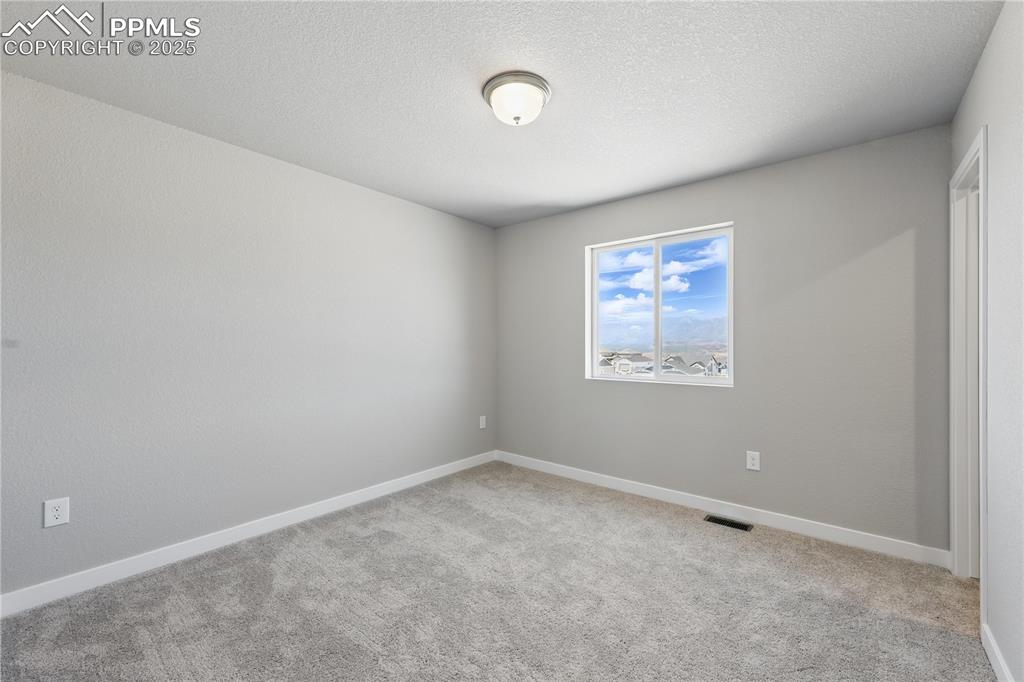 Image 29 of 36: Carpeted empty room featuring a textured ceiling, visible vents, and basebo