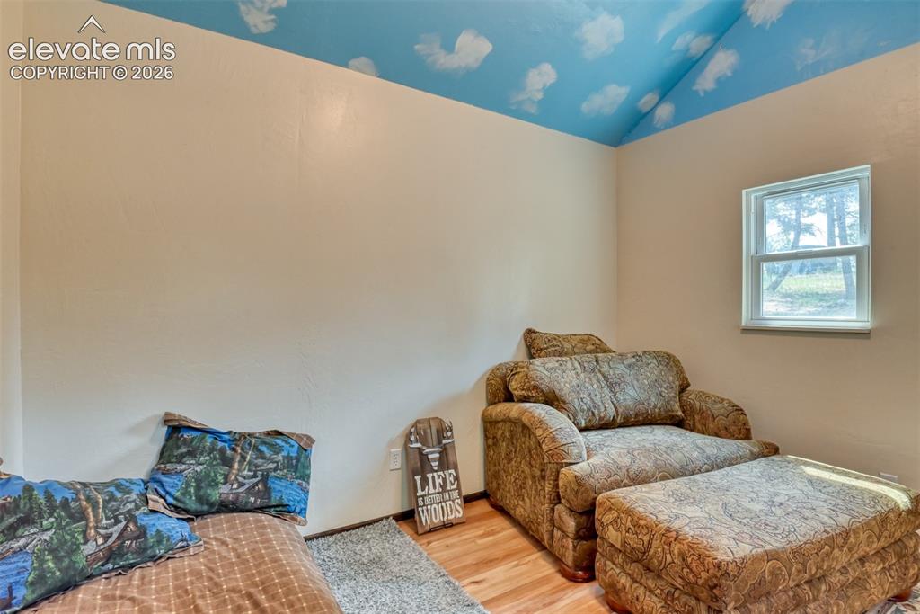 Image 34 of 47: Room featuring light-toned walls and a distinctive ceiling with a painted s