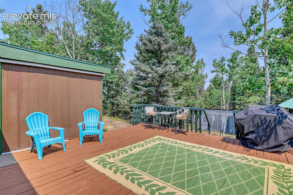 Image 40 of 47: Expansive outdoor deck surrounded by mature trees