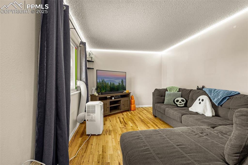 Image 4 of 37: Living room featuring light wood-style floors and a textured ceiling