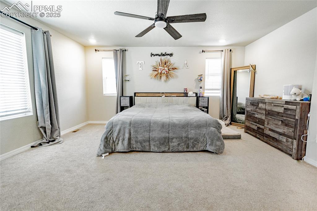 Image 18 of 25: Master bedroom with ceiling fan, and natural lighting
