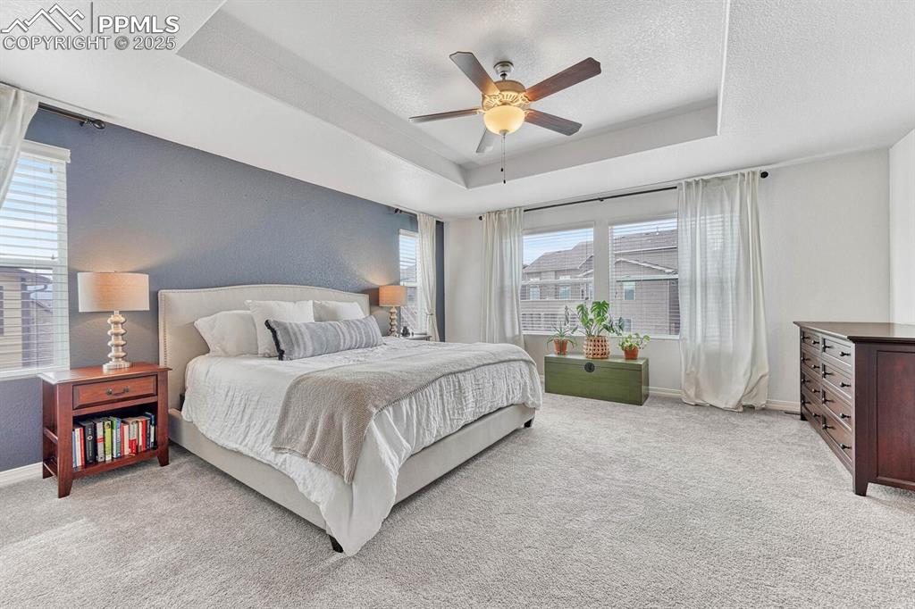 Image 10 of 44: Bedroom with baseboards, light colored carpet, a tray ceiling, a textured c