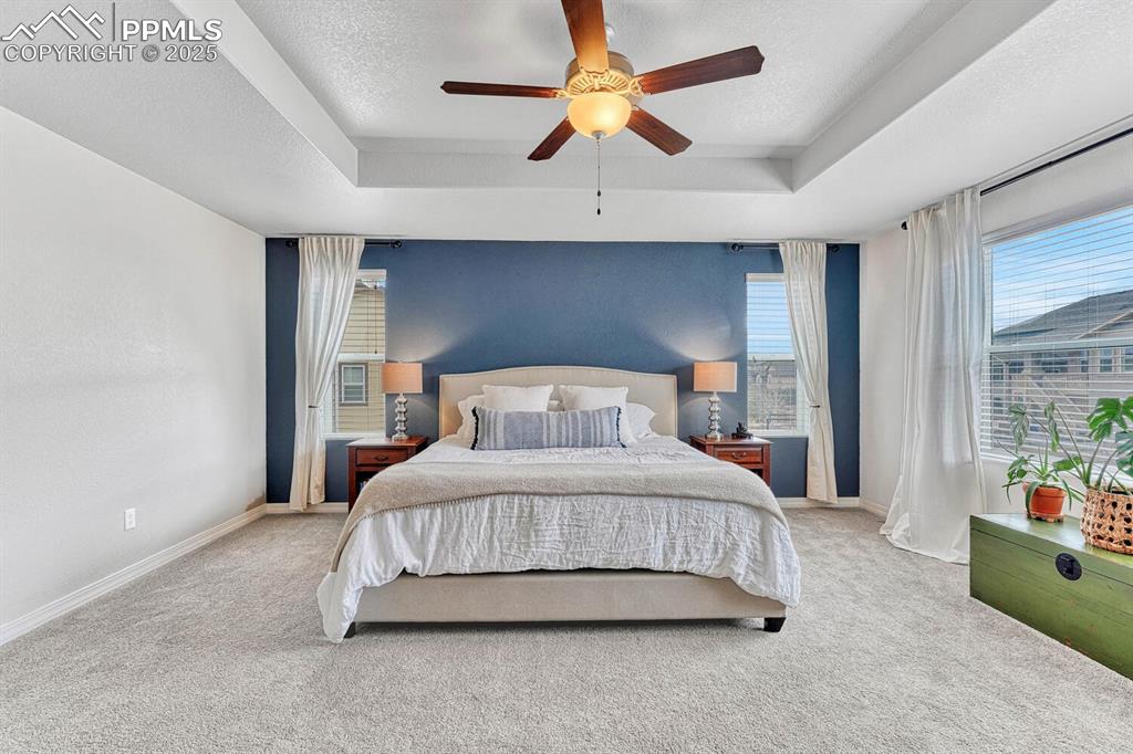 Image 12 of 44: Carpeted bedroom featuring a tray ceiling, baseboards, a textured ceiling, 