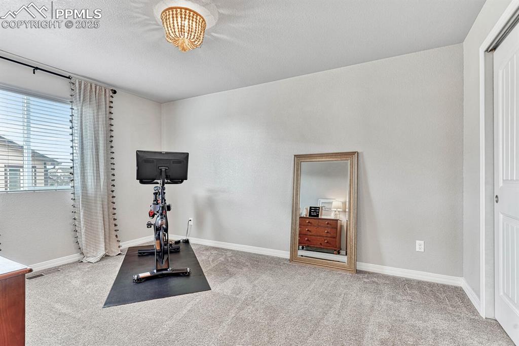 Image 19 of 44: Exercise area or bedroom featuring baseboards, carpet floors, and a texture
