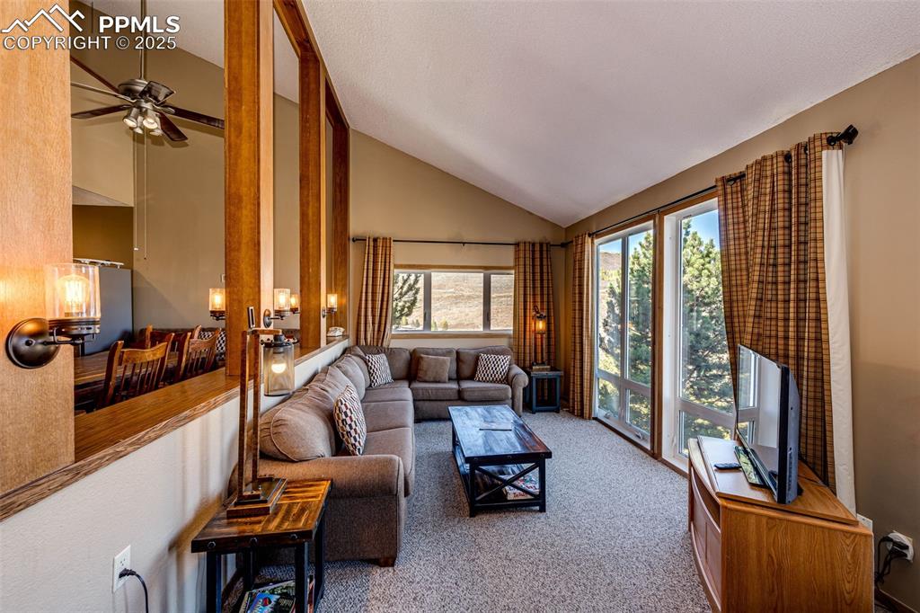 Image 12 of 42: Carpeted living area with high vaulted ceiling and ceiling fan