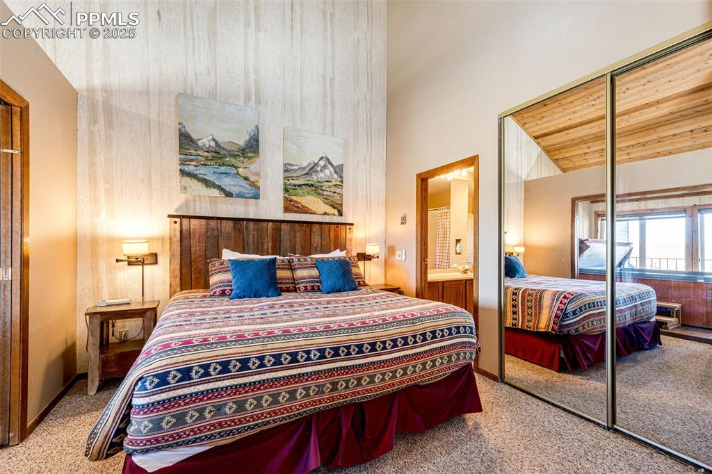Image 18 of 42: Bedroom with carpet floors, a closet, and a high ceiling