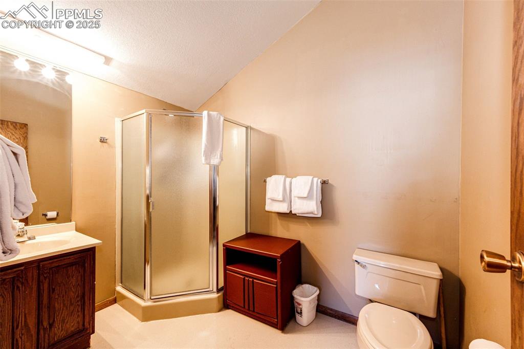 Image 29 of 42: Bathroom featuring vanity, a shower stall, a textured ceiling, and vaulted