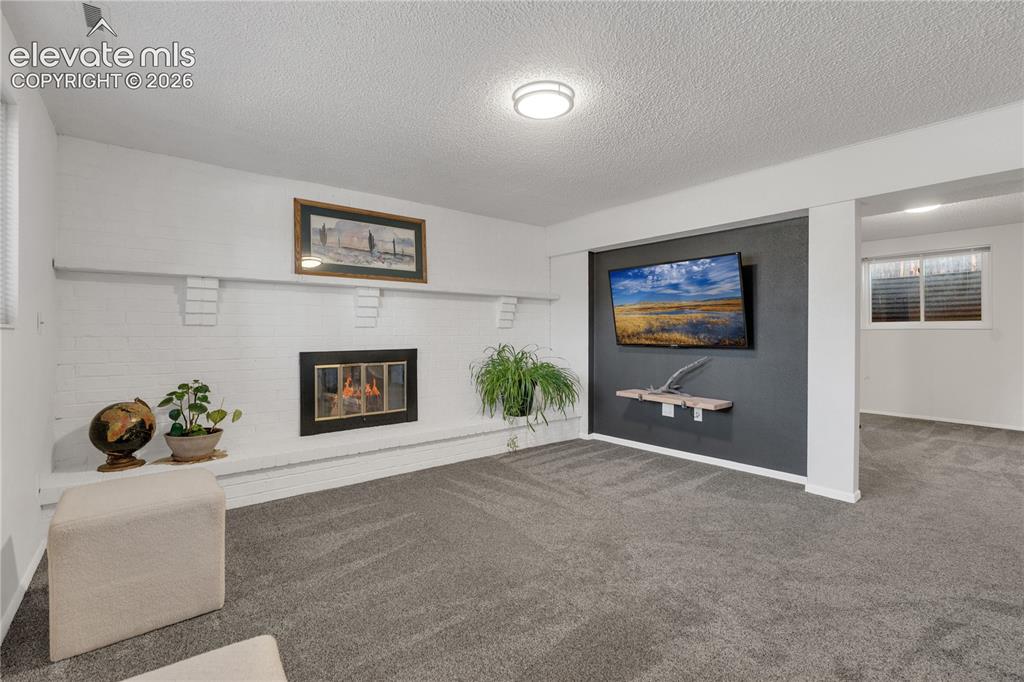 Image 20 of 30: Lower level Family room with wood burning fireplace