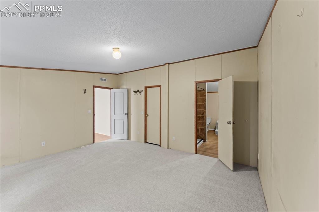 Image 19 of 32: Unfurnished bedroom with carpet, a textured ceiling, ensuite bathroom, a de