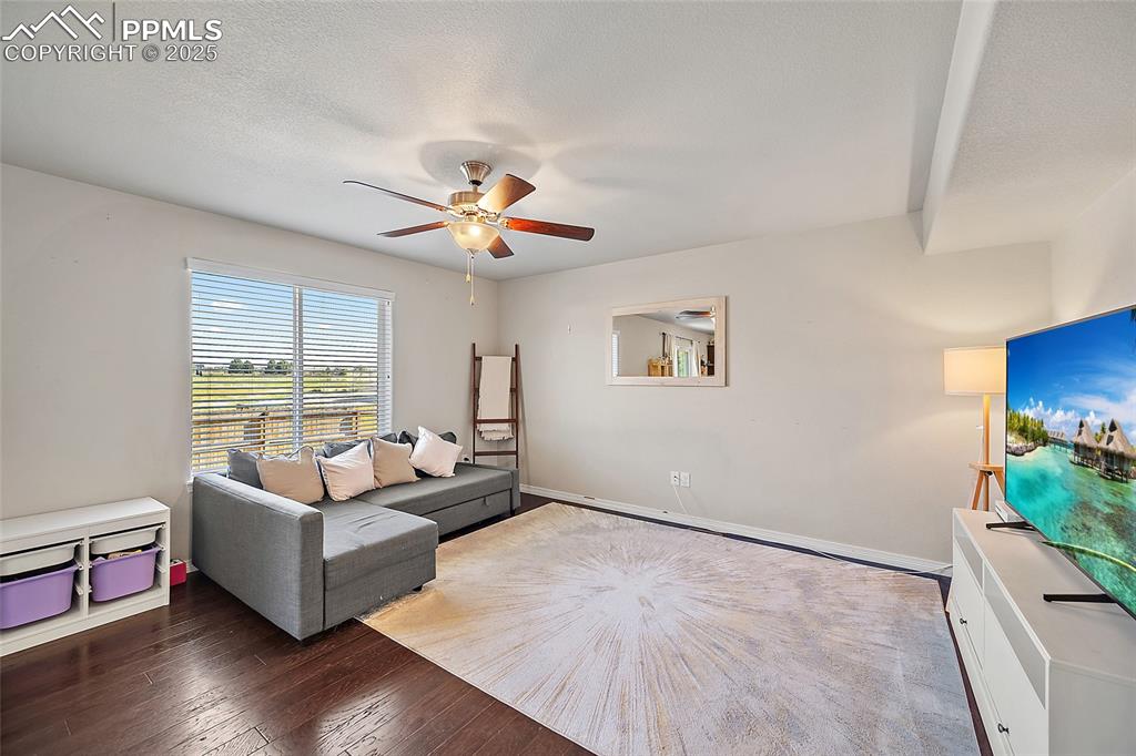 Image 10 of 38: Living room with wood-type flooring, a textured ceiling, and ceiling fan