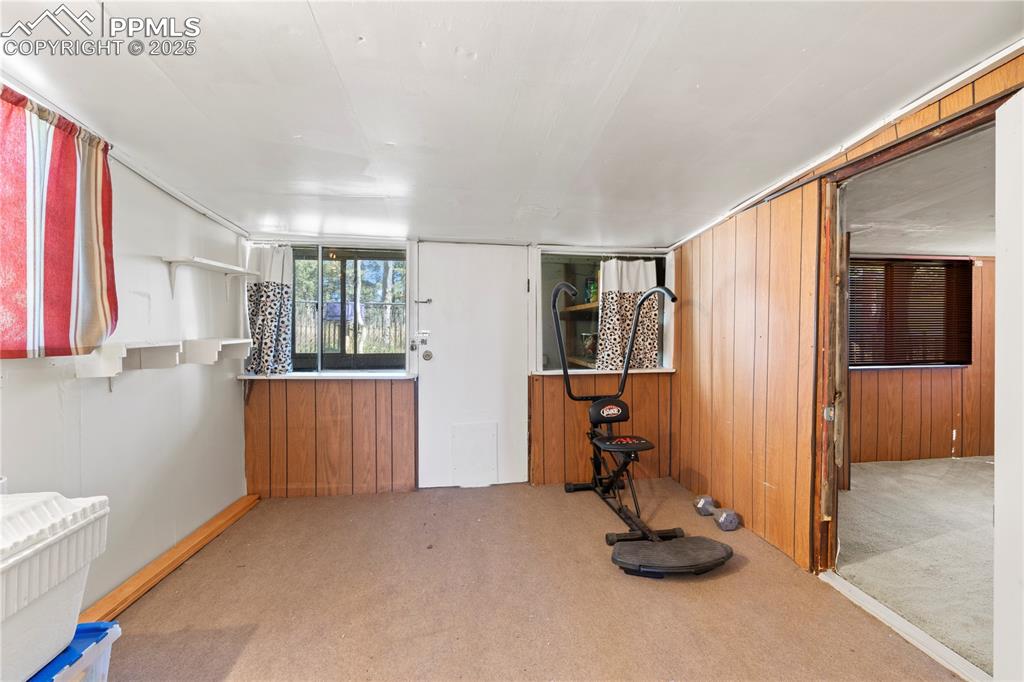 Image 26 of 31: Kitchen with wood walls and light colored carpet