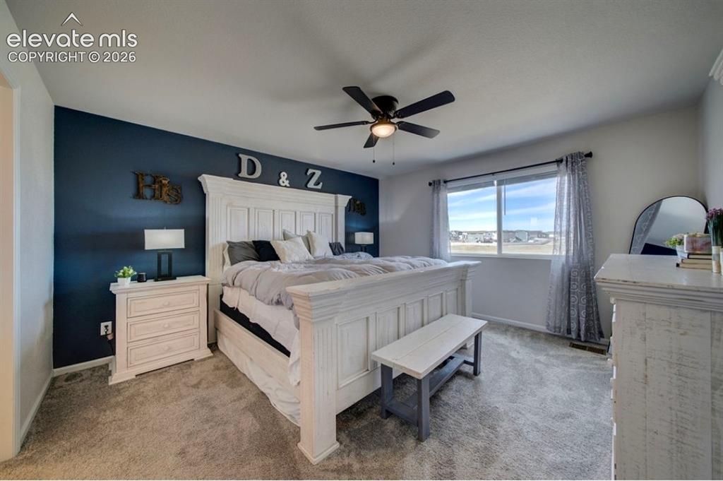 Image 17 of 34: Plush carpet flooring, a ceiling fan with integrated lighting, a large wind