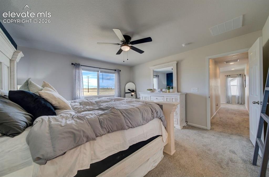 Image 19 of 34: Spacious bedroom with light gray carpeting, a ceiling fan with integrated l