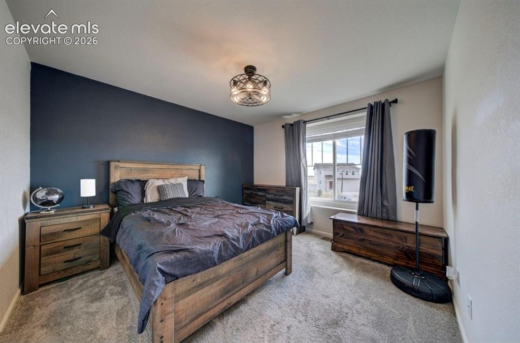 Image 24 of 34: Accent wall, wall-to-wall carpeting, wood-finish bed frame, wood-finish nig