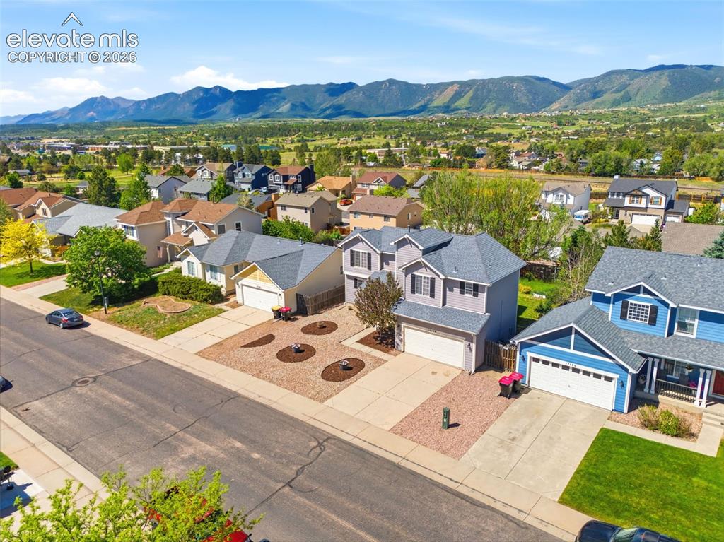 Image 31 of 37: Residential street with established homes, concrete driveways, and mountain