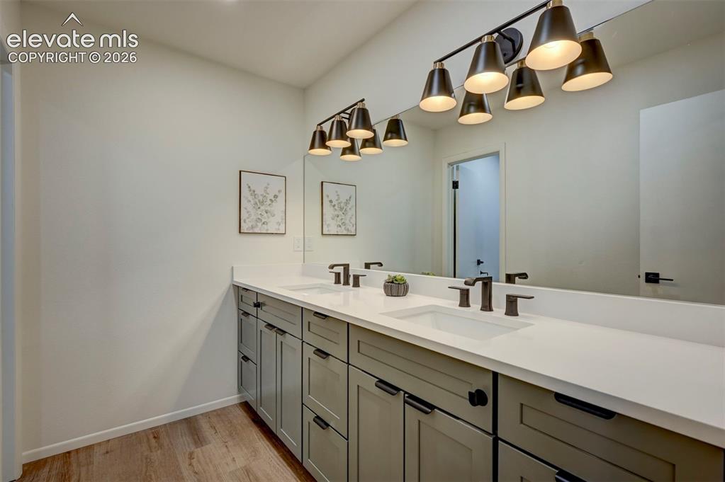 Image 28 of 50: Dual-sink vanity featuring soft-toned cabinetry, solid surface countertops,