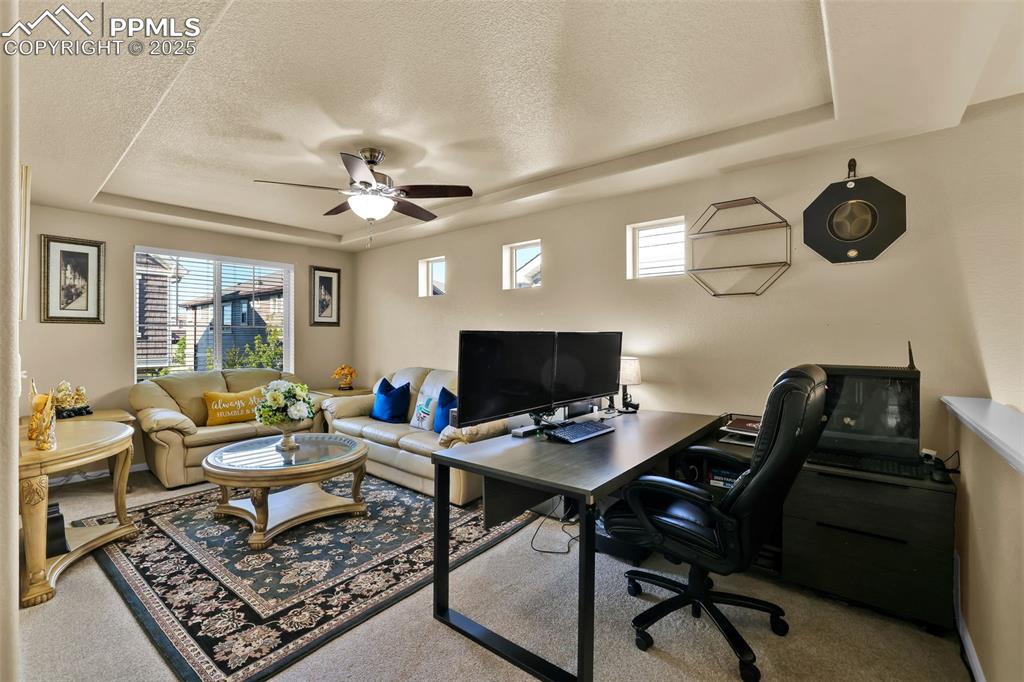 Image 17 of 50: Carpeted home office featuring a tray ceiling, and ceiling fan