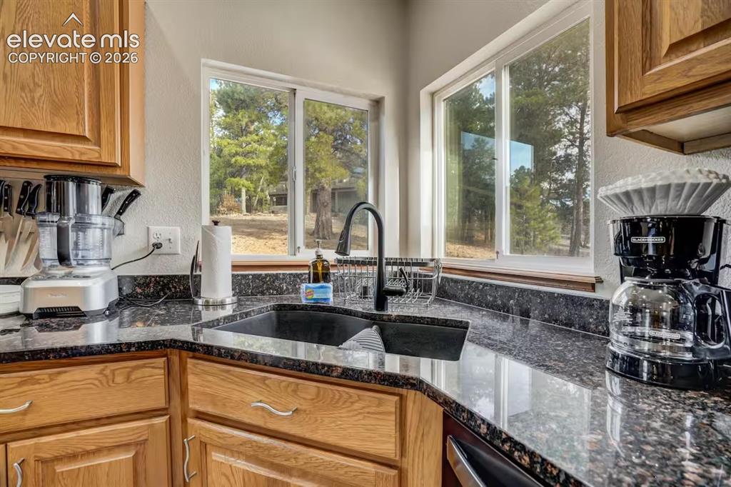 Image 10 of 45: Kitchen featuring wood cabinetry, dark granite countertops, a black double-