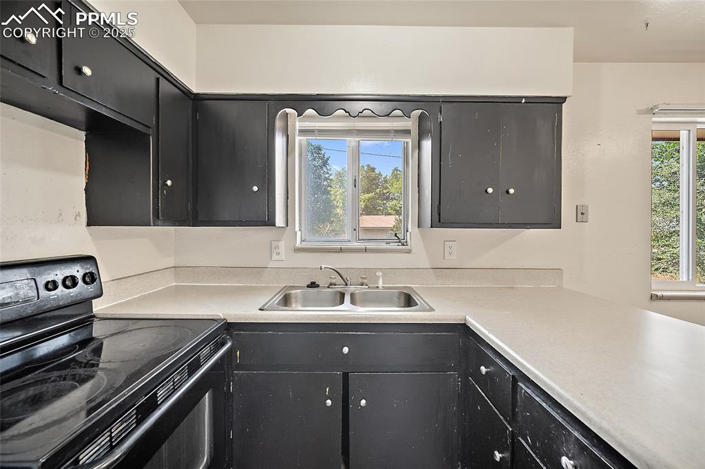 Image 13 of 19: Kitchen with black range with electric stovetop, dark cabinetry, and light