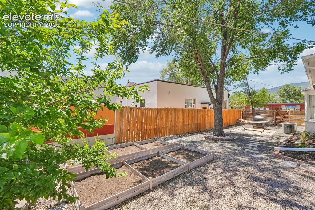 Image 34 of 40: Backyard highlighting the garden beds