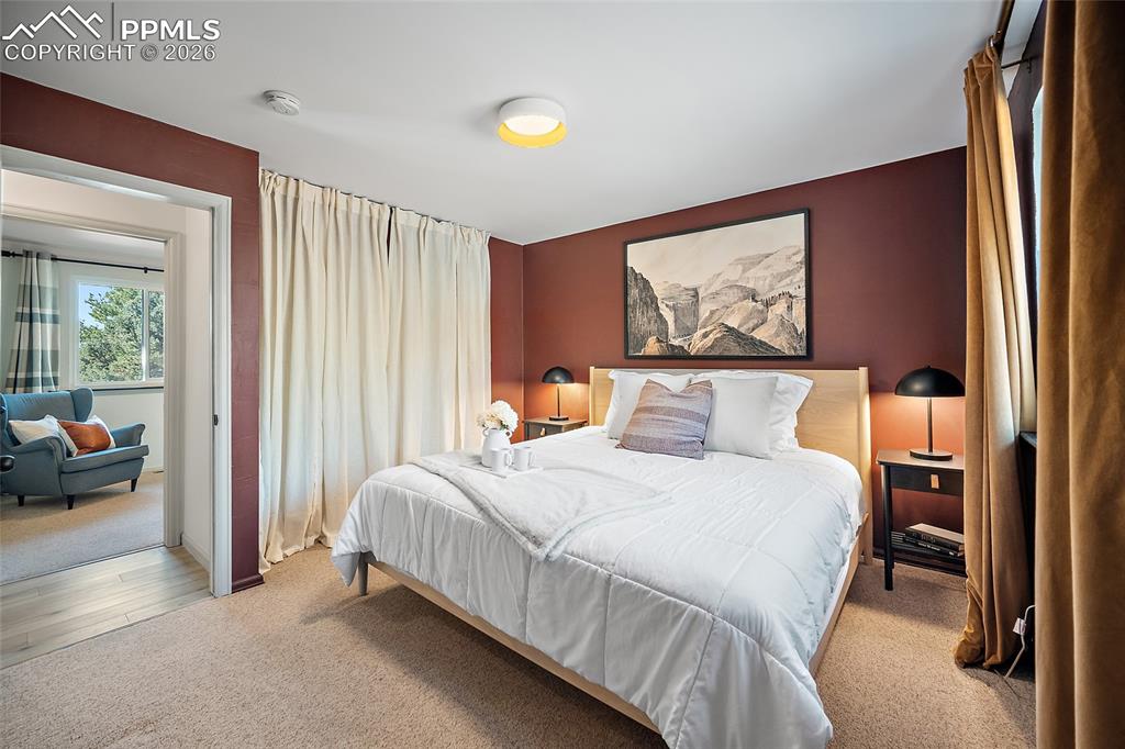 Image 19 of 45: Detailed view of built in bookshelf in the lower level living room