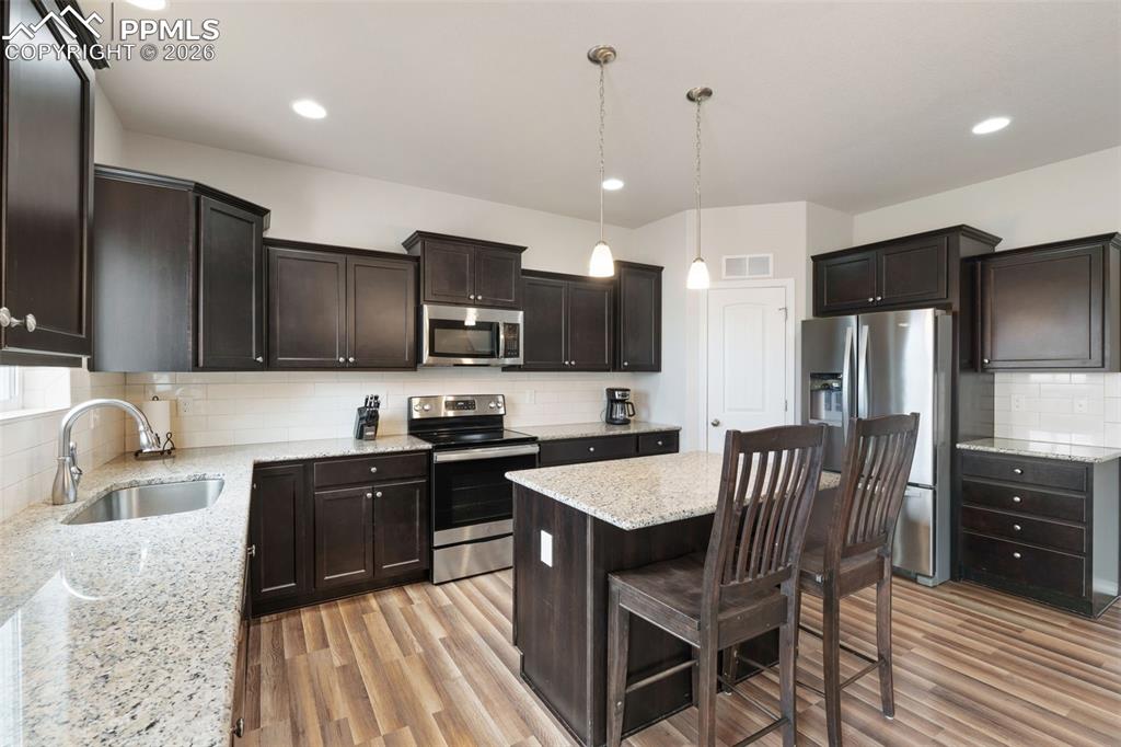 Image 3 of 50: Kitchen with stainless steel appliances, tasteful backsplash, decorative li