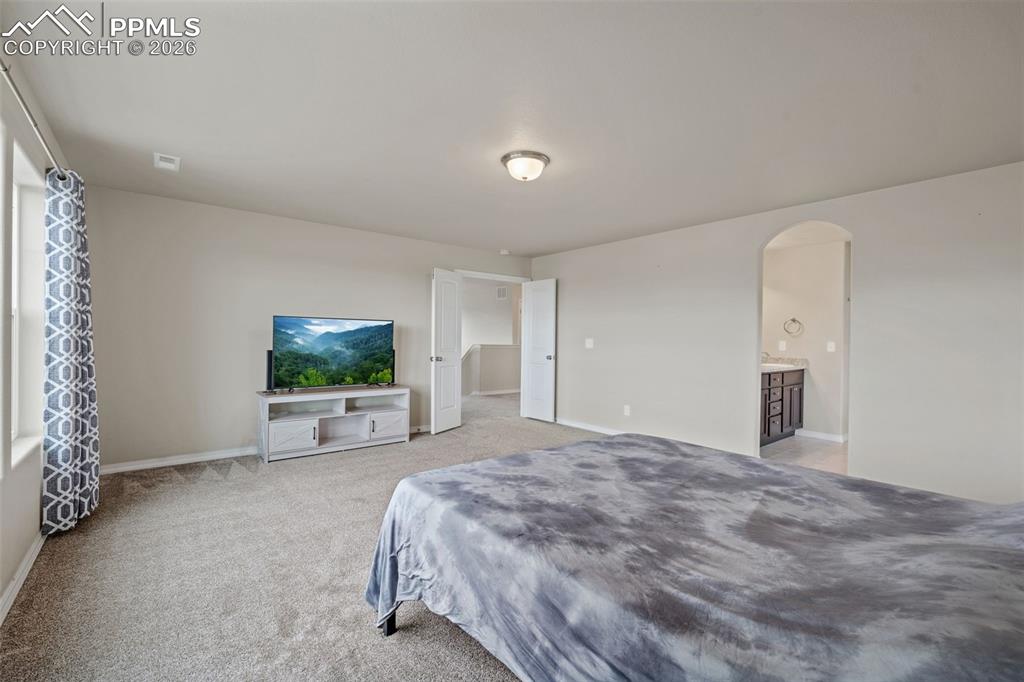 Image 35 of 50: Bedroom with arched walkways and light carpet