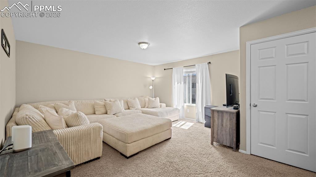Image 19 of 37: Bedroom with light carpet, ceiling fan, and a walk in closet
