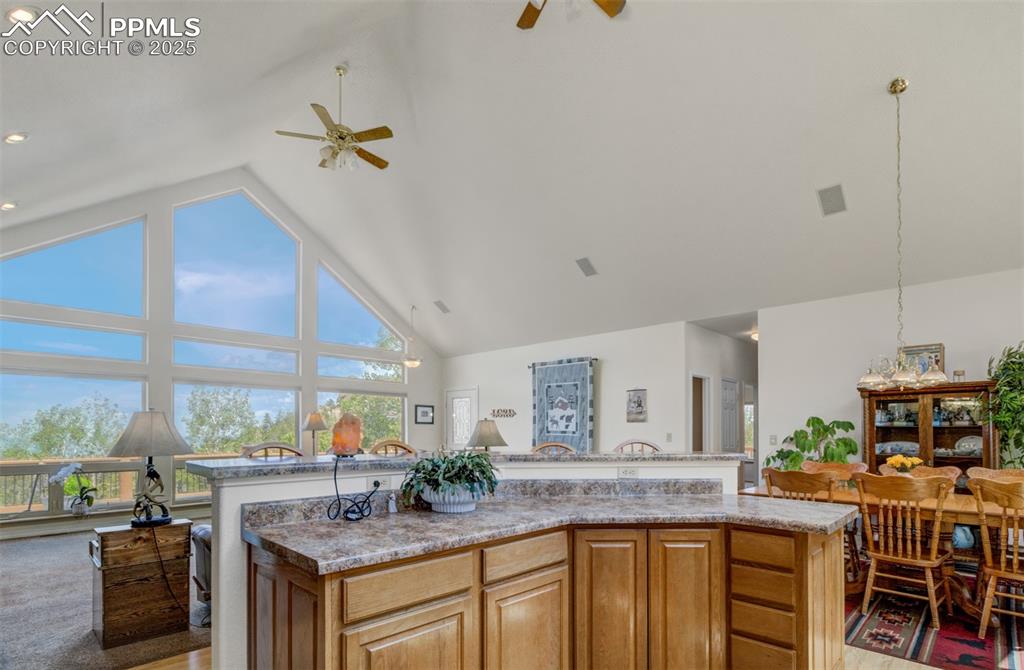 Image 12 of 46: Open concept kitchen looking into the living room over the large island/bre