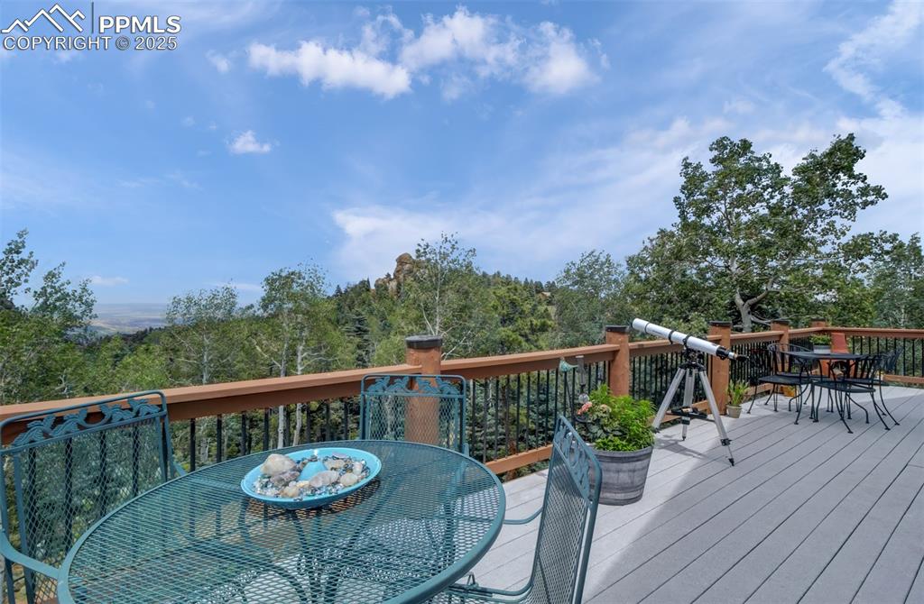 Image 16 of 46: Main level deck wraps around 3/4 of the home with walk-out access from the 