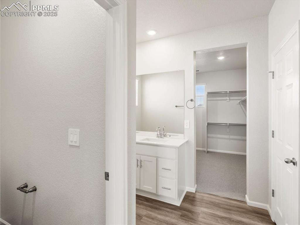 Image 24 of 28: Bathroom with vanity, light wood-style flooring, and a walk in closet
