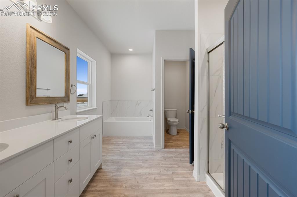 Image 19 of 22: Bathroom featuring a bath, double vanity, wood finished floors, a shower st