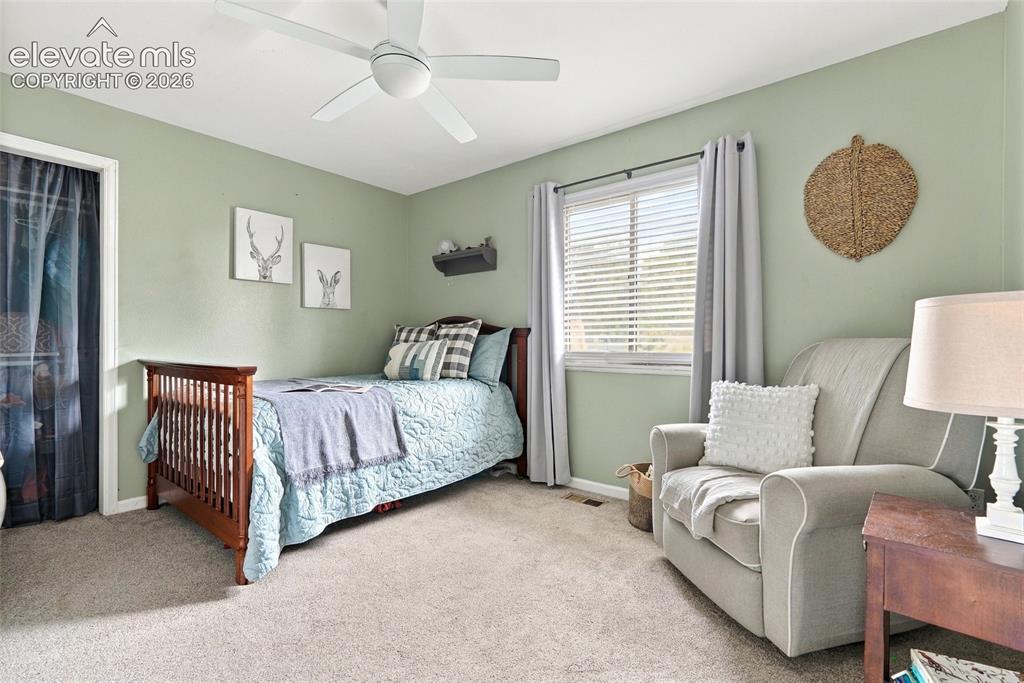 Image 22 of 49: Carpeted room with a ceiling fan, window with blinds and curtains, and ligh