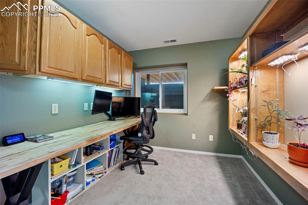 Image 41 of 50: Office with visible vents, carpet, and baseboards