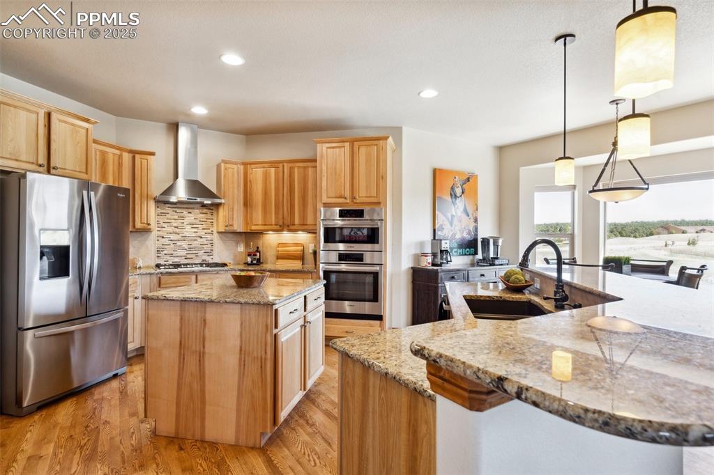 Image 4 of 46: Stainless steel appliances, hood, granite countertops