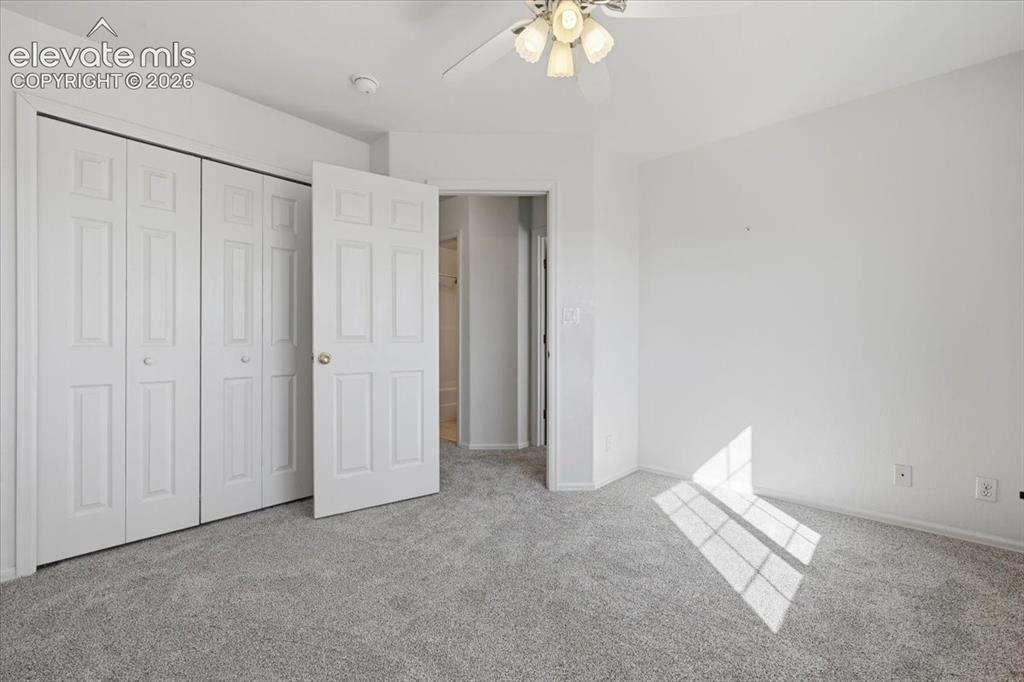 Image 20 of 46: Plush carpeting, bi-fold closet doors, a six-panel interior door, and a cei