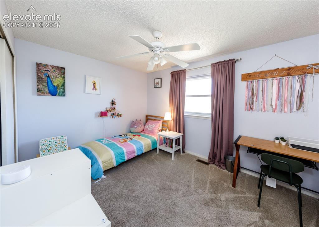 Image 27 of 38: Carpeted flooring, ceiling fan, window with curtains, built-in closet with 