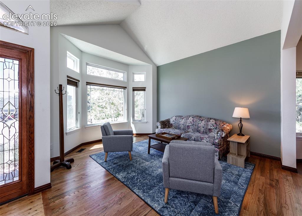 Image 6 of 38: Vaulted ceiling, wood-finish flooring, bay window, leaded glass entry door,