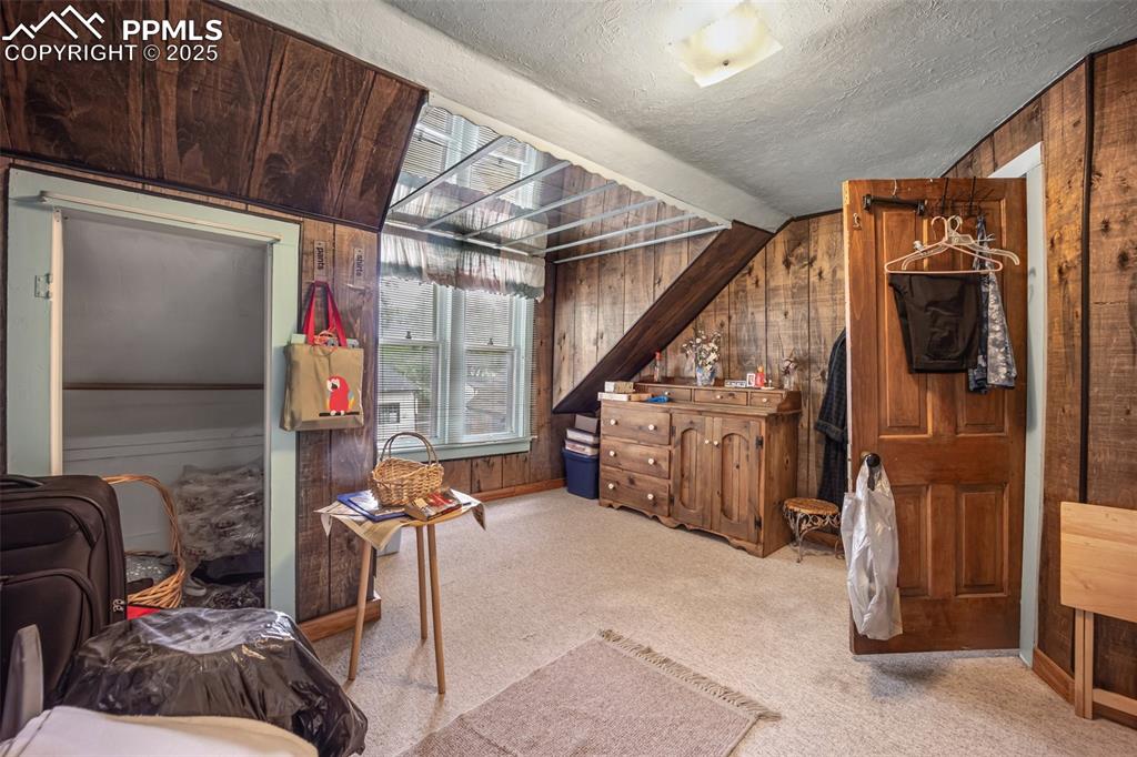 Image 27 of 48: Sitting room with wooden walls, carpet flooring, and a textured ceiling