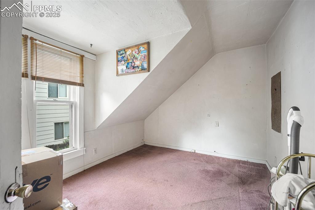 Image 28 of 48: Additional living space with carpet, vaulted ceiling, and healthy amount of